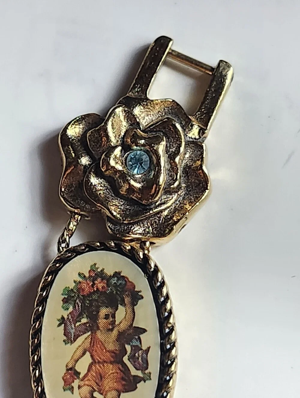 Vintage Gold Tone Floral Bracelet Watch with Cherub Medallions